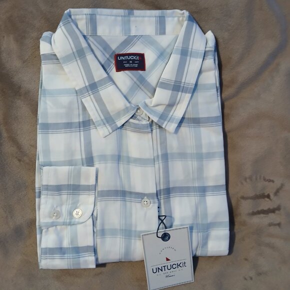 Untuckit Melini Women's Long Sleeve Blue and White Button Down Shirt SZ 14 NWT - Picture 7 of 10